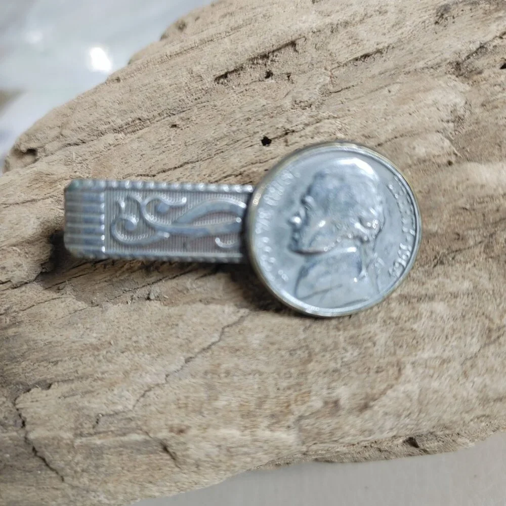 1967 Nickel Coin Money Clip Ornate Silver Tone Copper Minimalist E A Adams Son